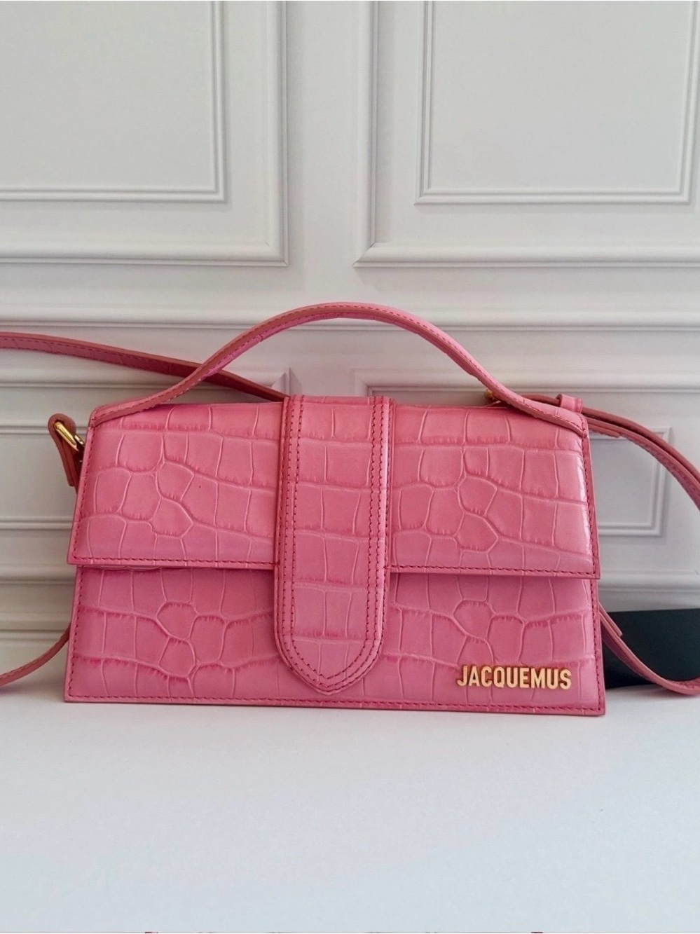 Jacquemus Pink Croc-Embossed Top-Handle Crossbody Bag